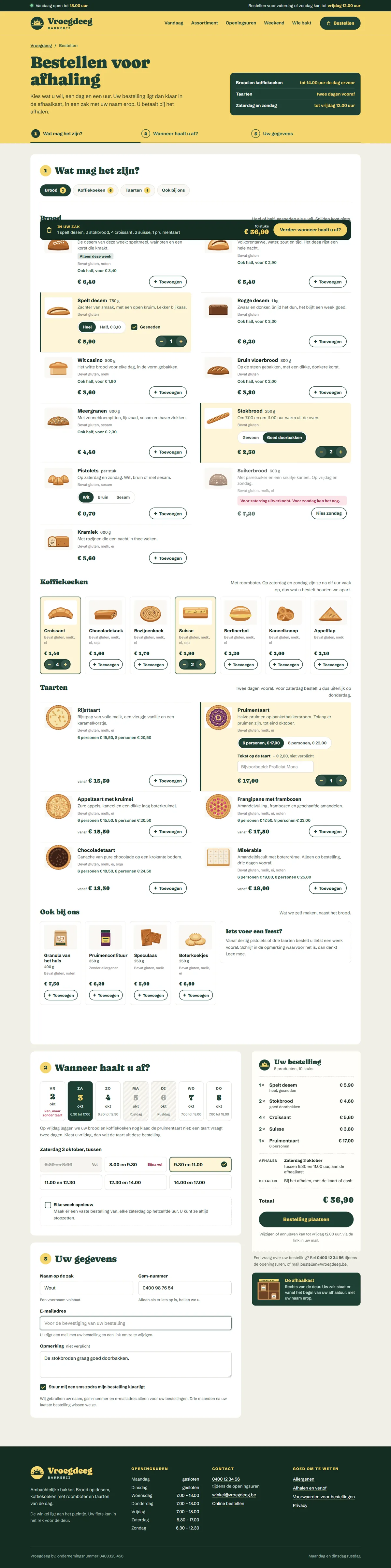 Bestellen voor afhaling in de website voor een bakkerij, de hele pagina op een groot scherm