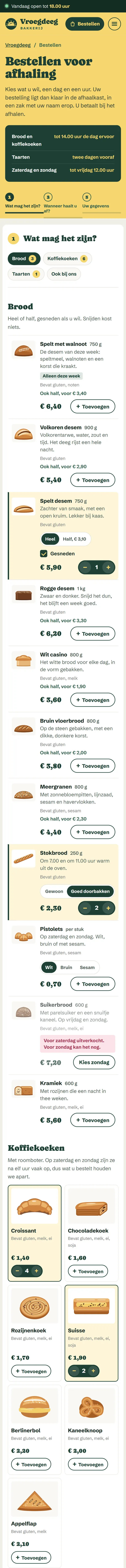 Bestellen voor afhaling in de website voor een bakkerij, het bovenste deel van de pagina op een gsm
