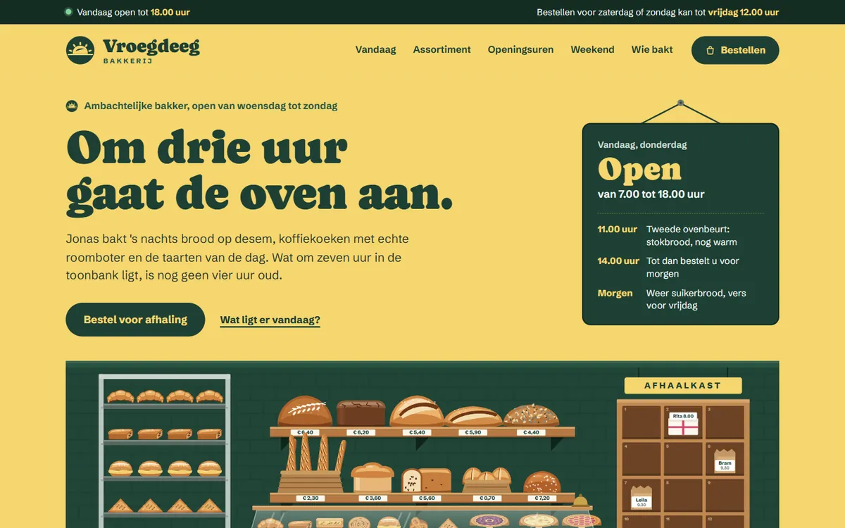 De homepagina in de website voor een bakkerij, het begin van de pagina