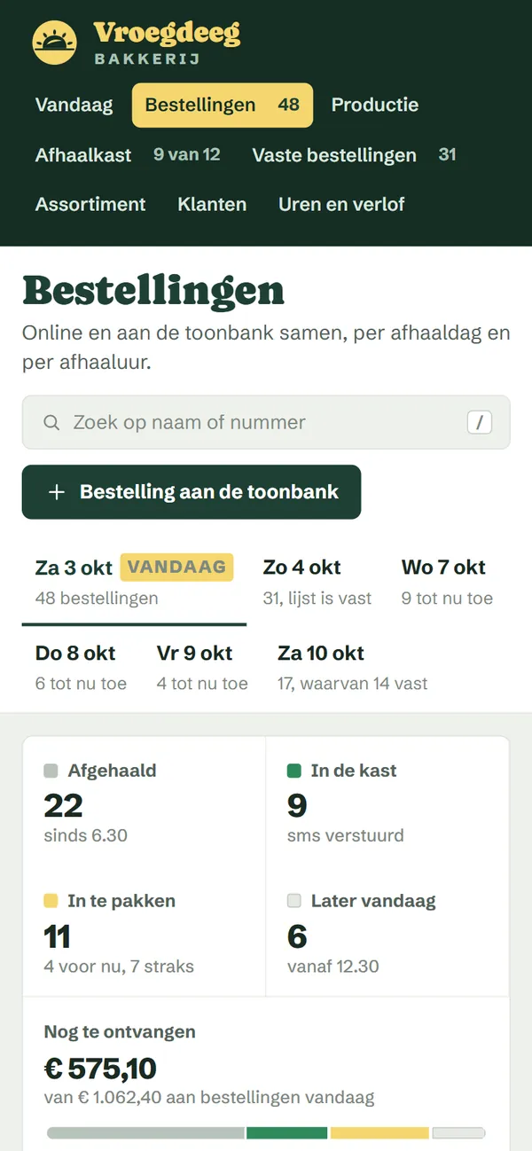 De bestellingen van de dag in het programma voor een bakkerij, het begin van de pagina op een gsm