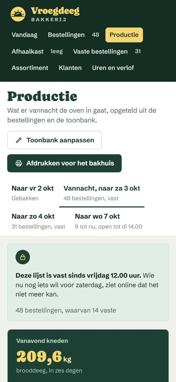 De lijst voor de oven in het programma voor een bakkerij, het begin van de pagina op een gsm