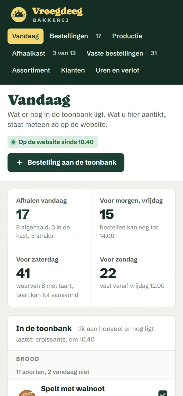 Wat er vandaag ligt in het programma voor een bakkerij, het begin van de pagina op een gsm