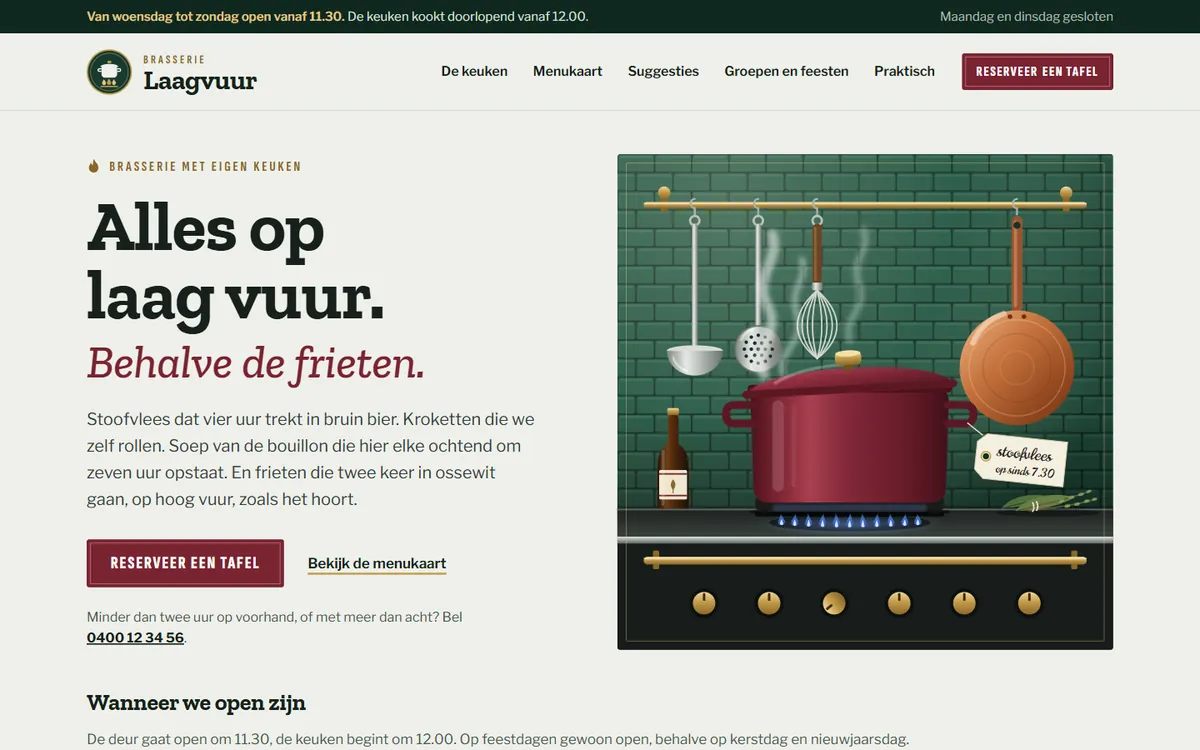 De homepagina in de website voor een restaurant, het begin van de pagina