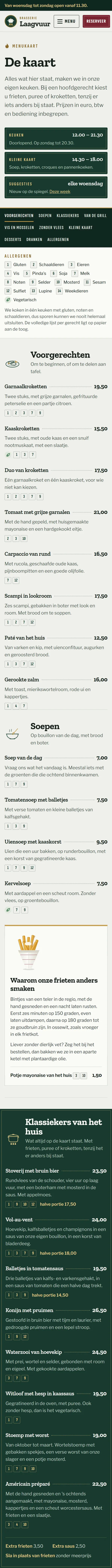 De kaart in de website voor een restaurant, het bovenste deel van de pagina op een gsm