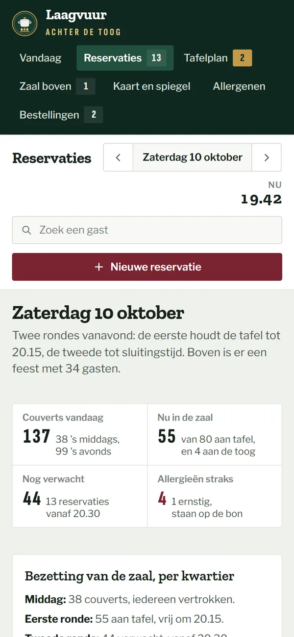 Het reservatieboek in het programma voor een restaurant, het begin van de pagina op een gsm