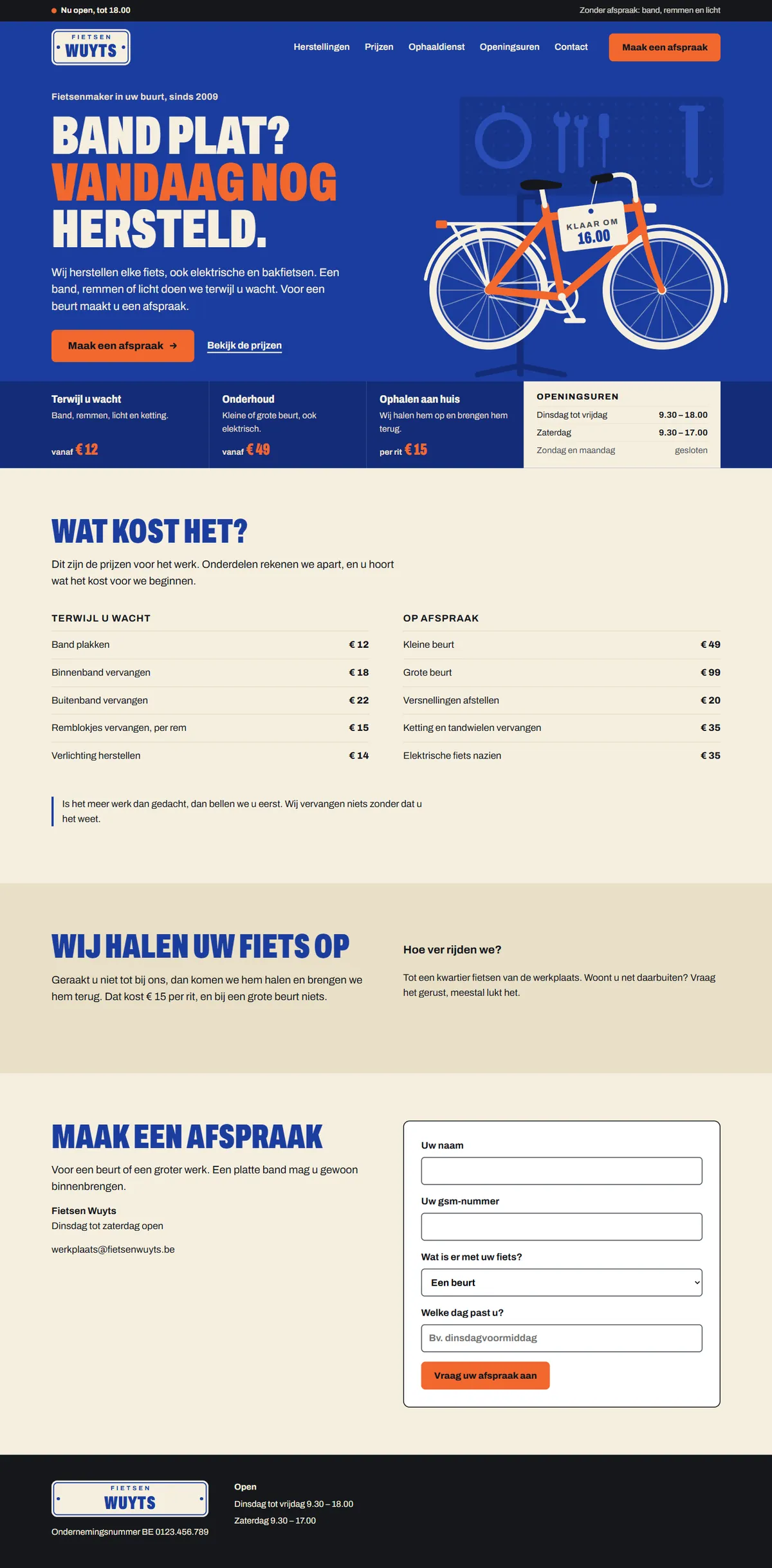 De homepagina in de website voor een fietsenmaker, de hele pagina op een groot scherm
