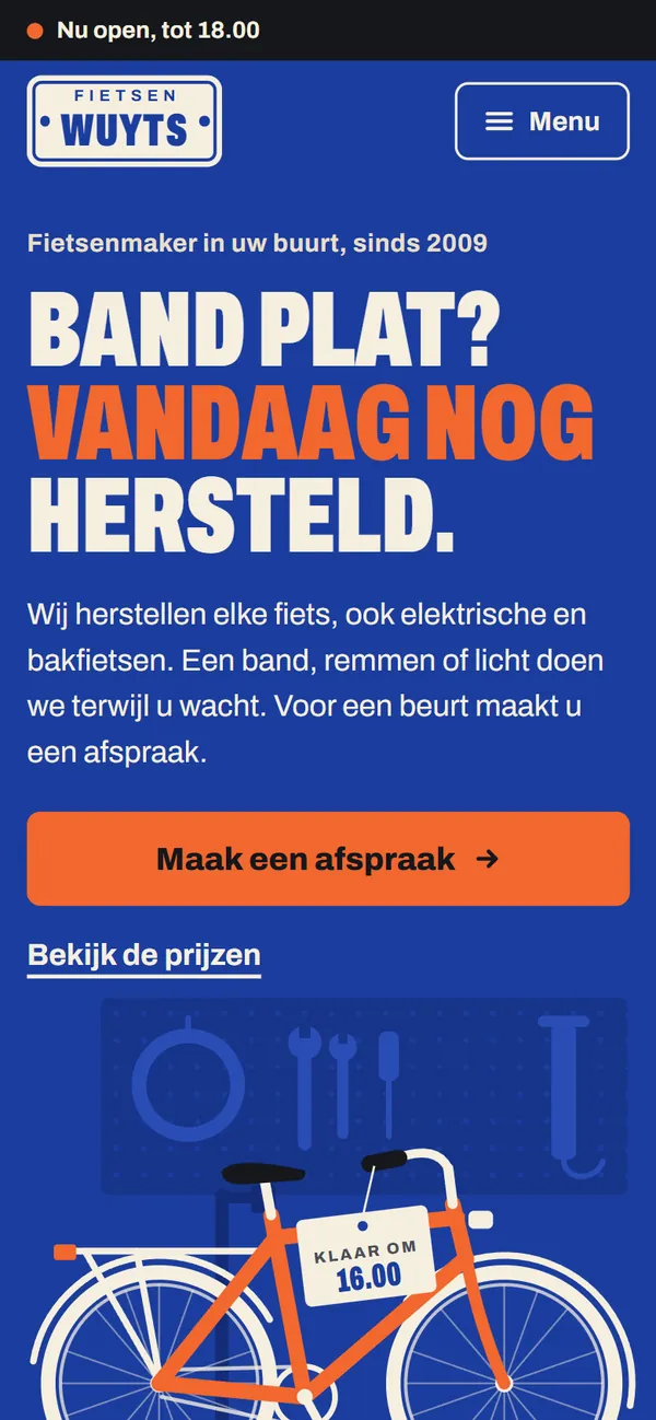 De homepagina in de website voor een fietsenmaker, het begin van de pagina op een gsm