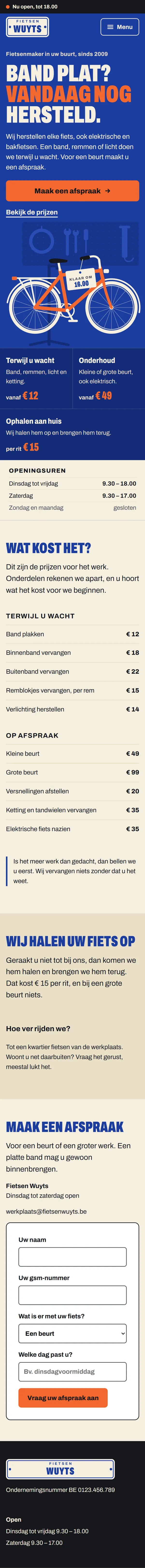 De homepagina in de website voor een fietsenmaker, de hele pagina op een gsm
