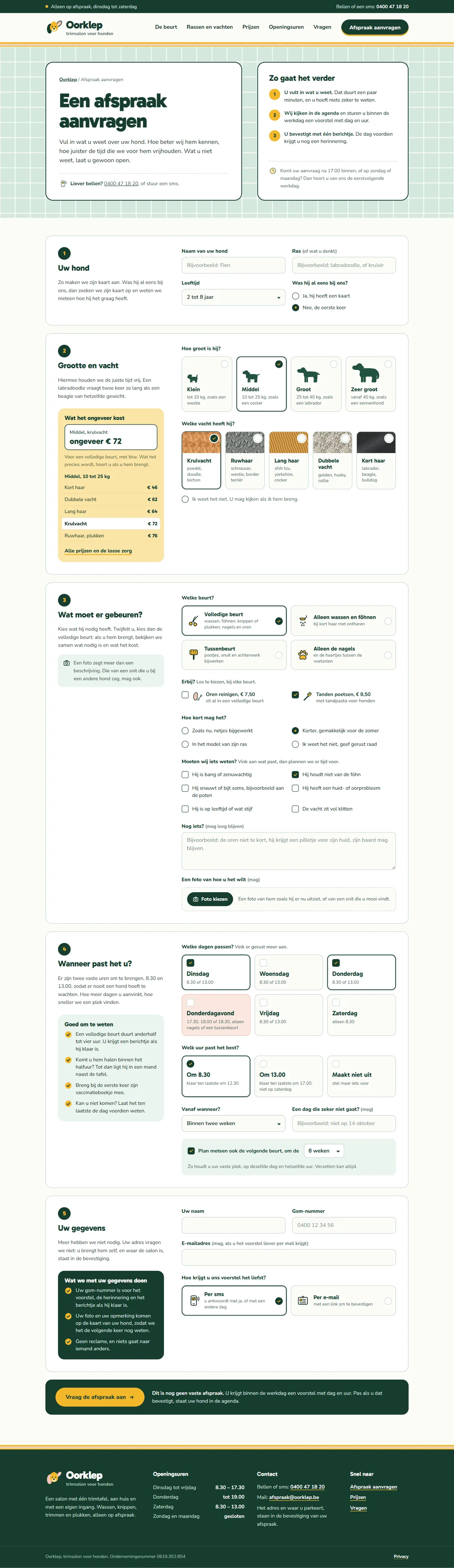 Een afspraak aanvragen in de website voor een hondentrimsalon, de hele pagina op een groot scherm