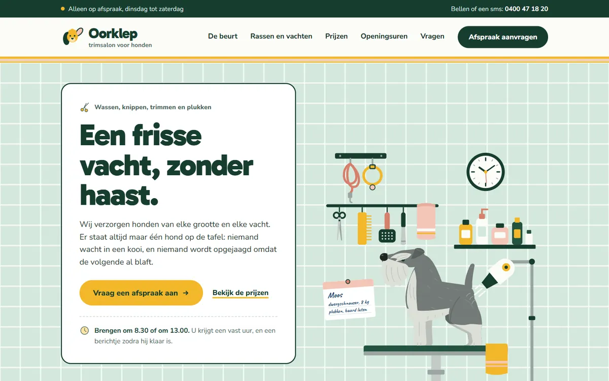 De homepagina in de website voor een hondentrimsalon, het begin van de pagina