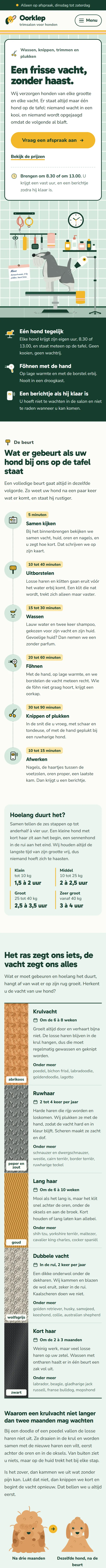 De homepagina in de website voor een hondentrimsalon, het bovenste deel van de pagina op een gsm