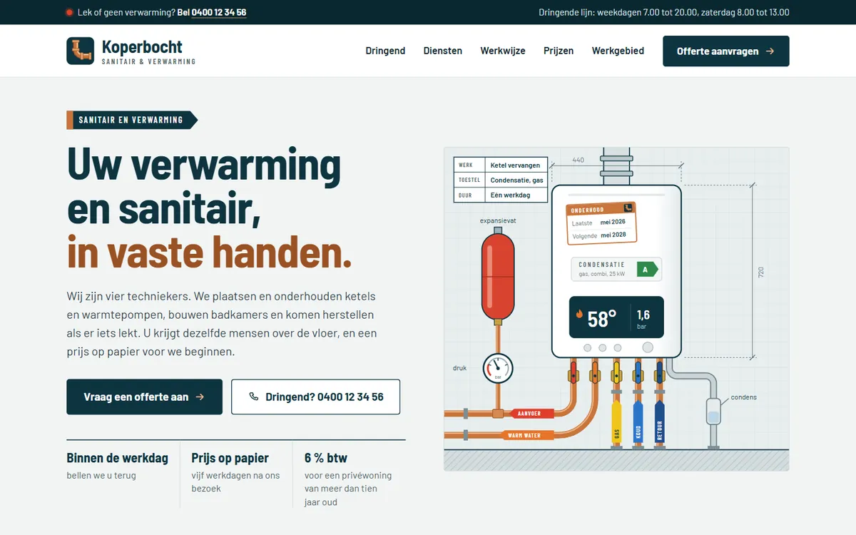 De homepagina in de website voor een loodgieter, het begin van de pagina