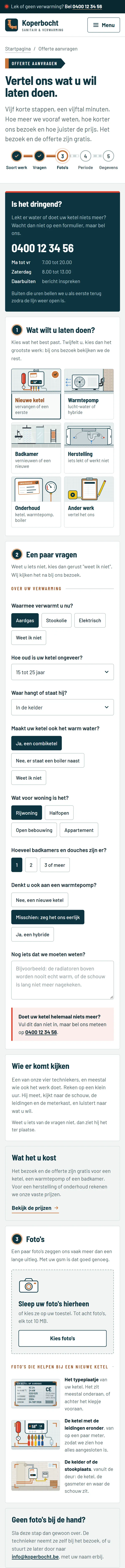 Een offerte aanvragen in de website voor een loodgieter, het bovenste deel van de pagina op een gsm