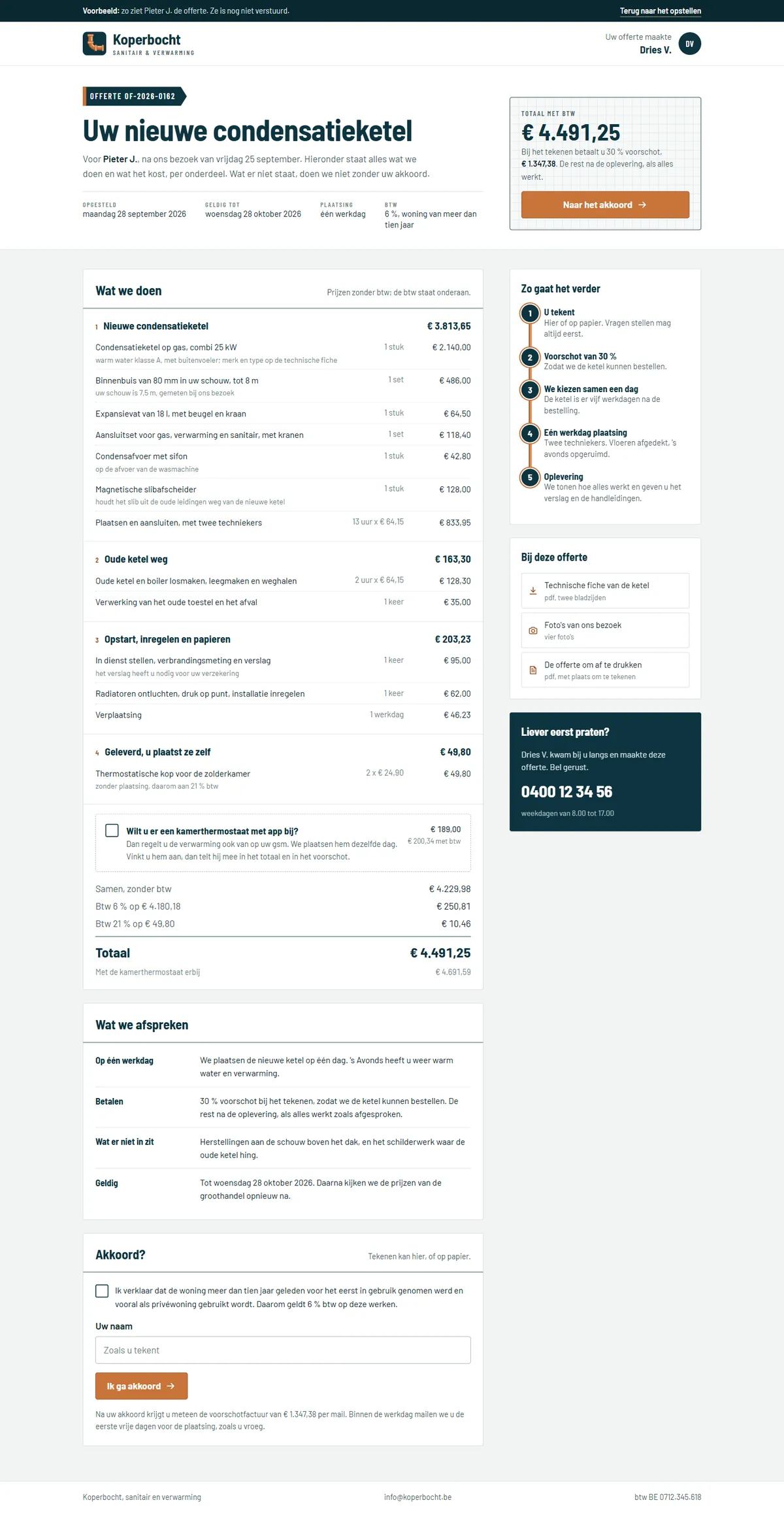 De offerte online in het programma voor een loodgieter, de hele pagina op een groot scherm