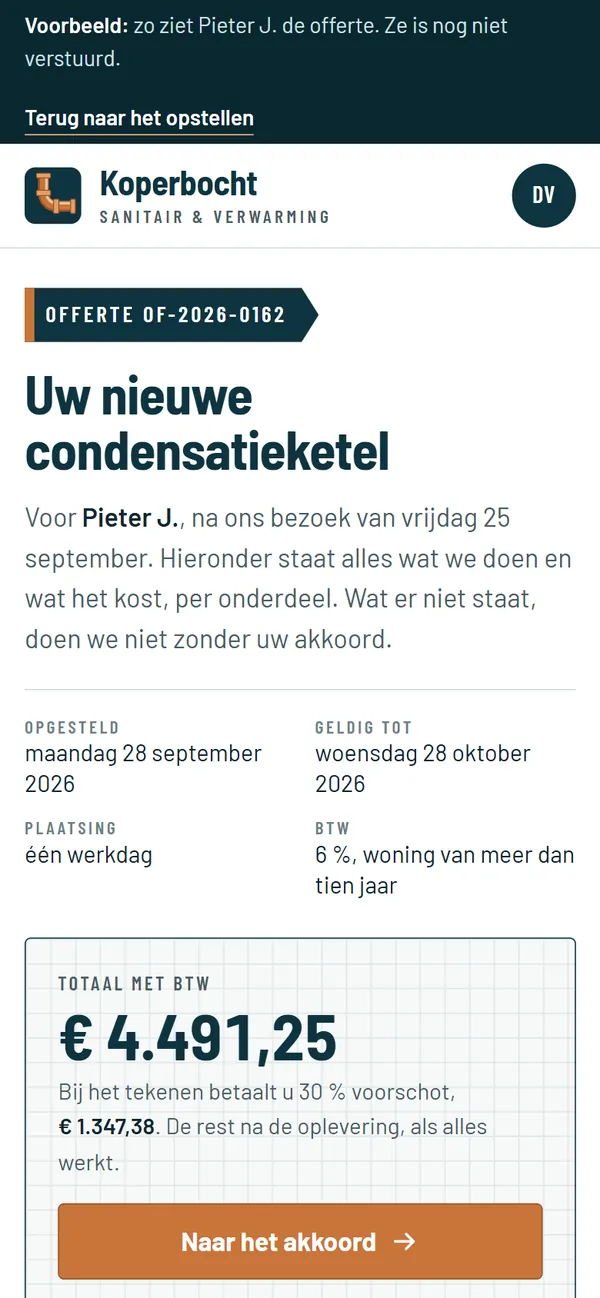 De offerte online in het programma voor een loodgieter, het begin van de pagina op een gsm