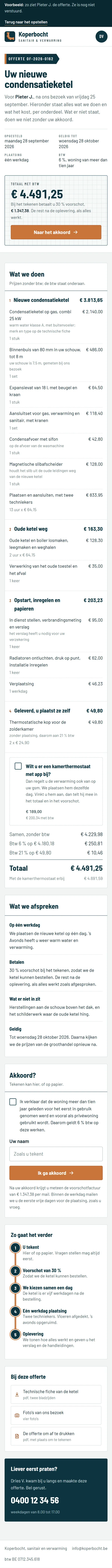 De offerte online in het programma voor een loodgieter, de hele pagina op een gsm