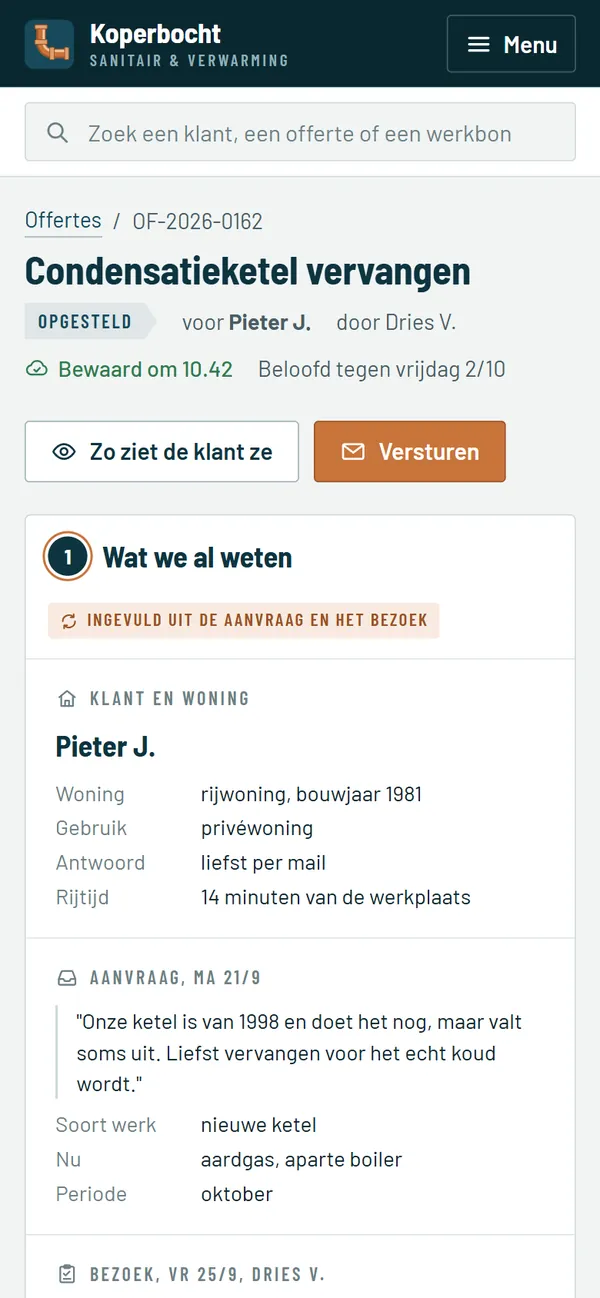 Een offerte opstellen in het programma voor een loodgieter, het begin van de pagina op een gsm