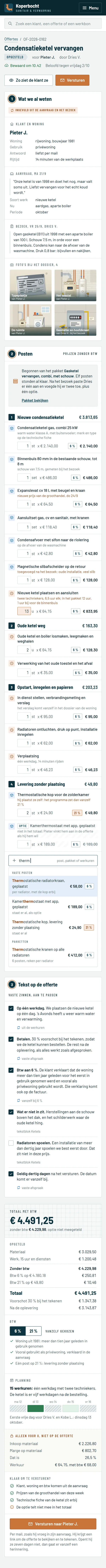 Een offerte opstellen in het programma voor een loodgieter, de hele pagina op een gsm