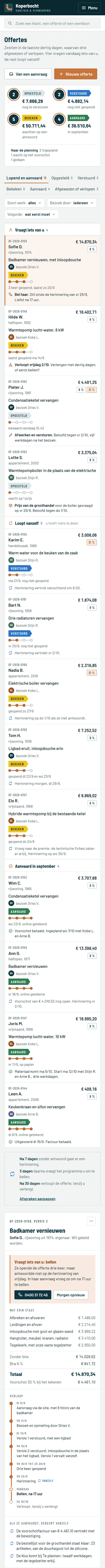 De offertes in het programma voor een loodgieter, het bovenste deel van de pagina op een gsm