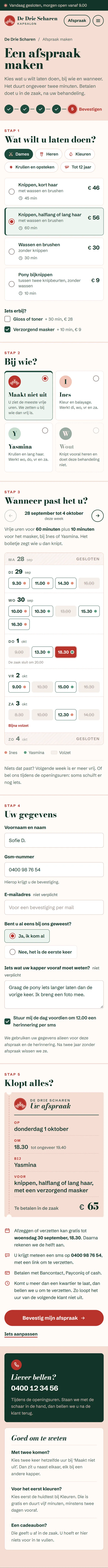 Een afspraak maken in de website voor een kapsalon, het bovenste deel van de pagina op een gsm