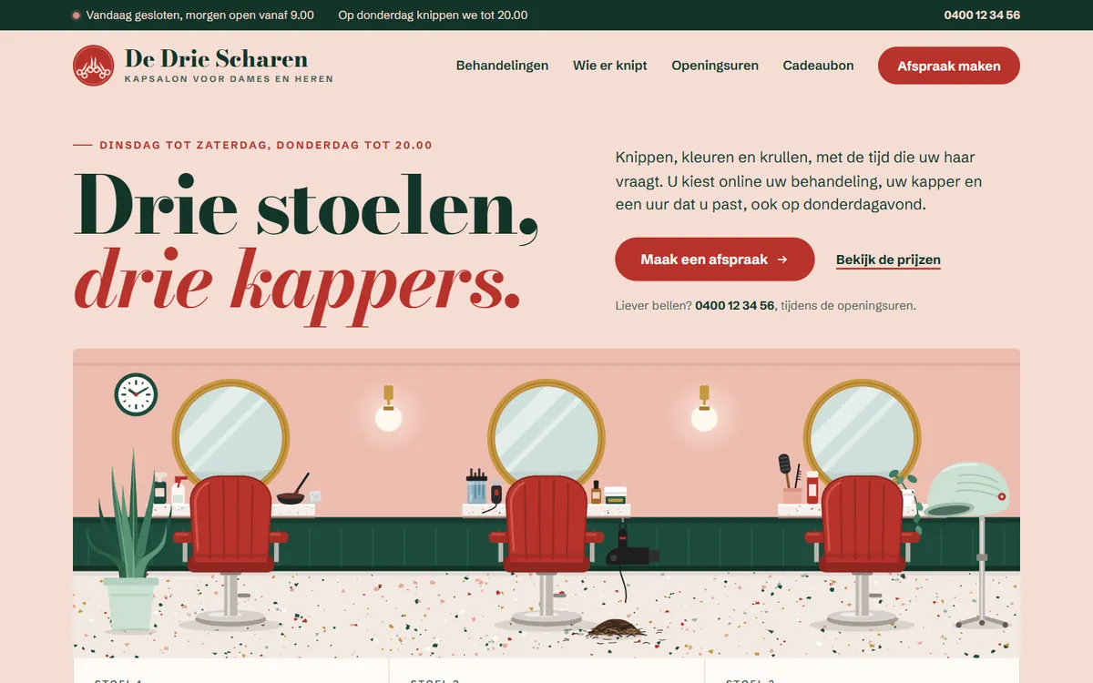 De homepagina in de website voor een kapsalon, het begin van de pagina