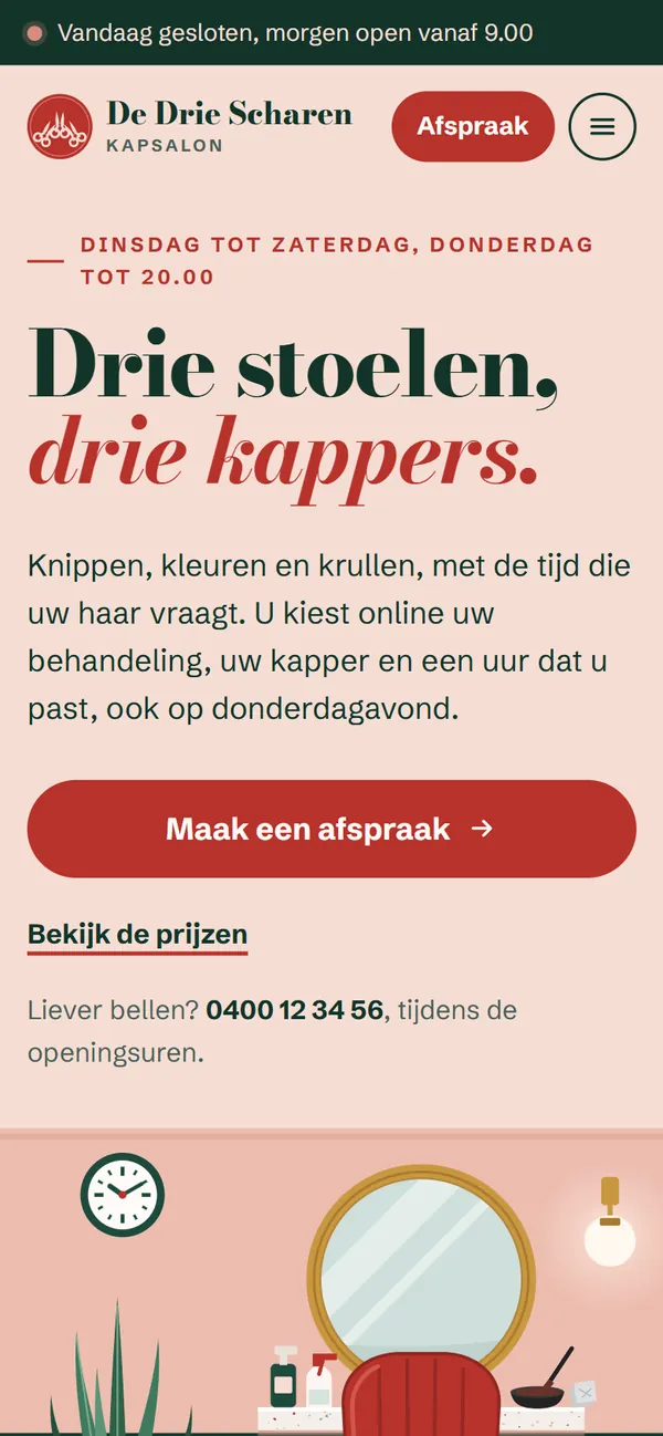 De homepagina in de website voor een kapsalon, het begin van de pagina op een gsm