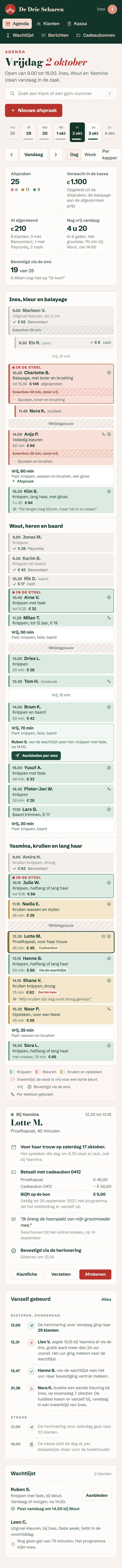 De agenda van de dag in het programma voor een kapsalon, de hele pagina op een gsm