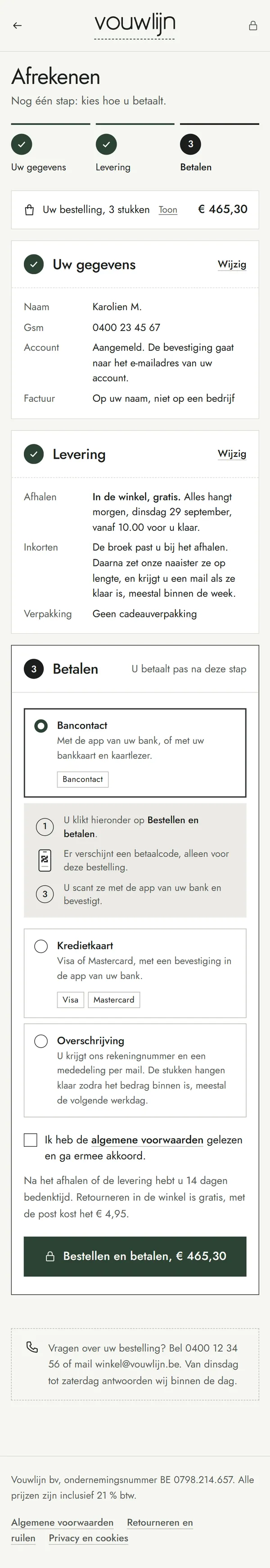 Afrekenen in de webshop voor een kledingwinkel, de hele pagina op een gsm