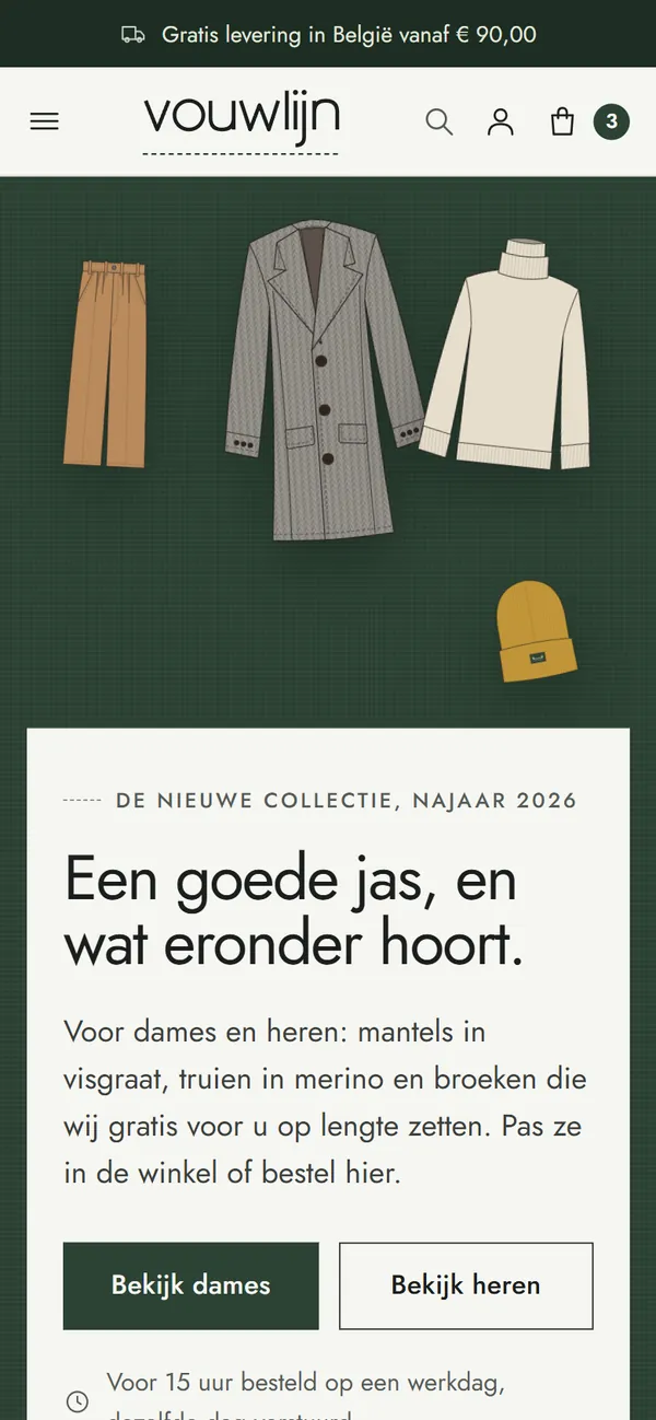 De homepagina in de webshop voor een kledingwinkel, het begin van de pagina op een gsm