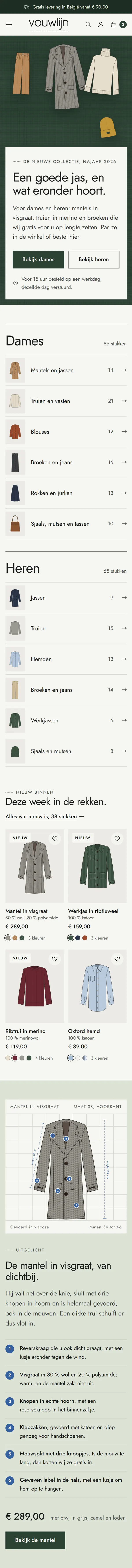 De homepagina in de webshop voor een kledingwinkel, het bovenste deel van de pagina op een gsm