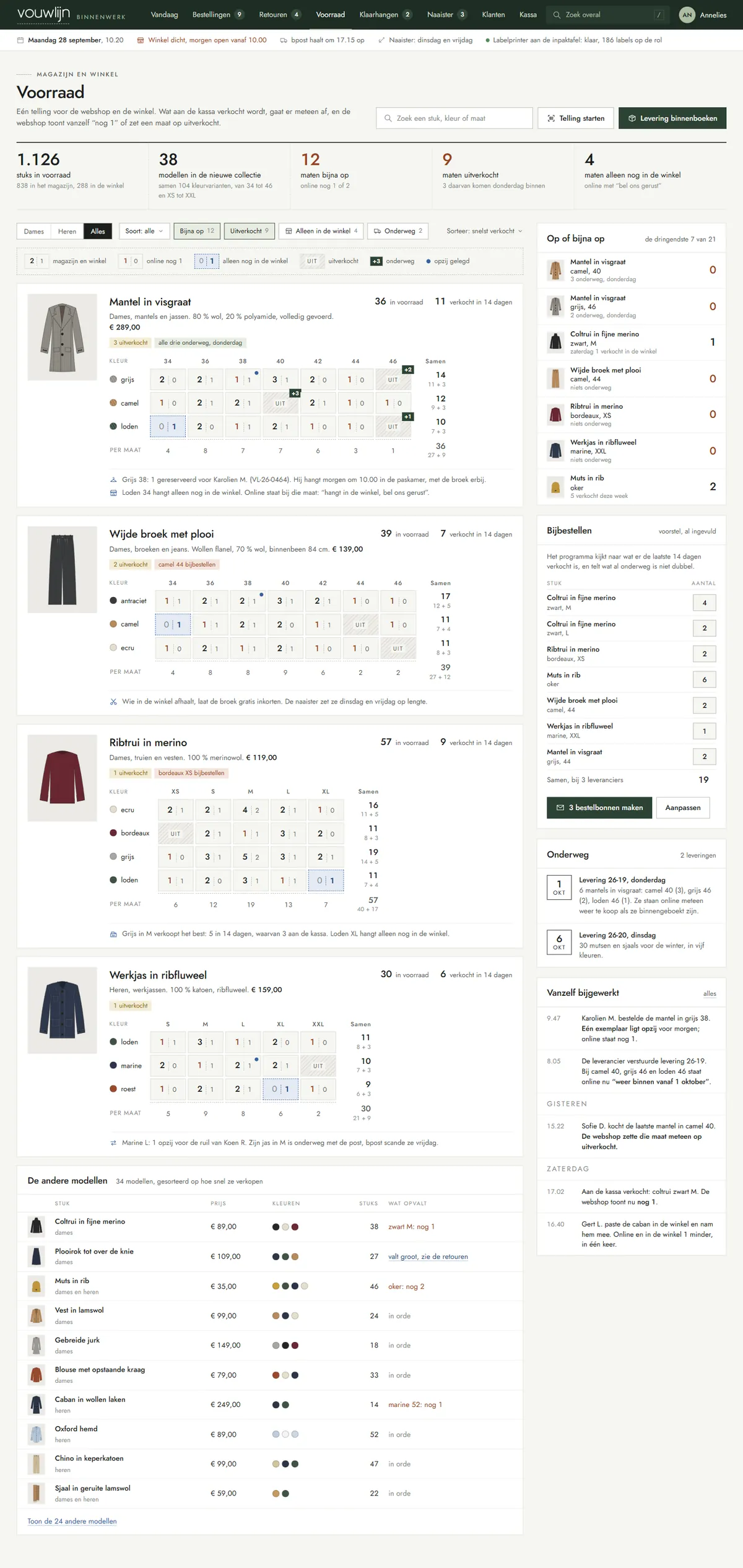 De voorraad in het programma voor een kledingwinkel, de hele pagina op een groot scherm