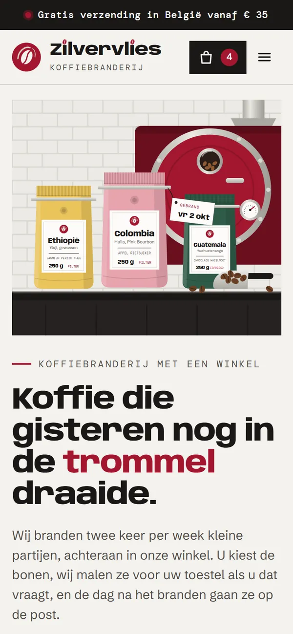 De startpagina in de webshop voor een koffiebranderij, het begin van de pagina op een gsm