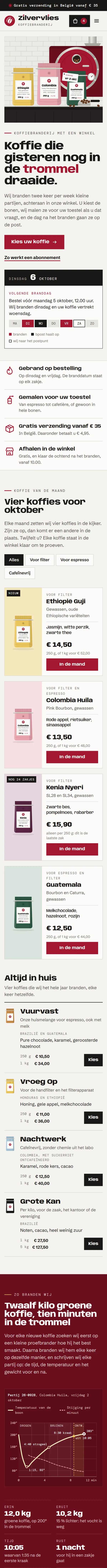 De startpagina in de webshop voor een koffiebranderij, het bovenste deel van de pagina op een gsm
