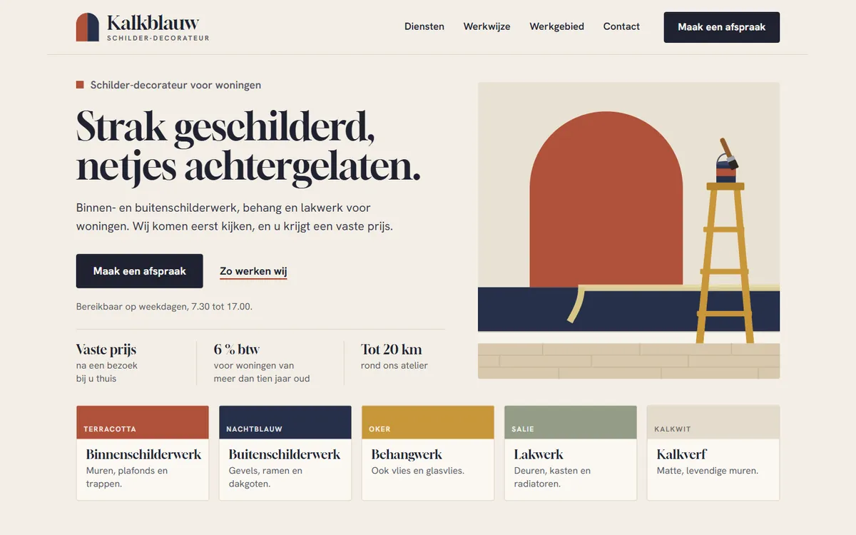 De homepagina in de website voor een schilder, het begin van de pagina