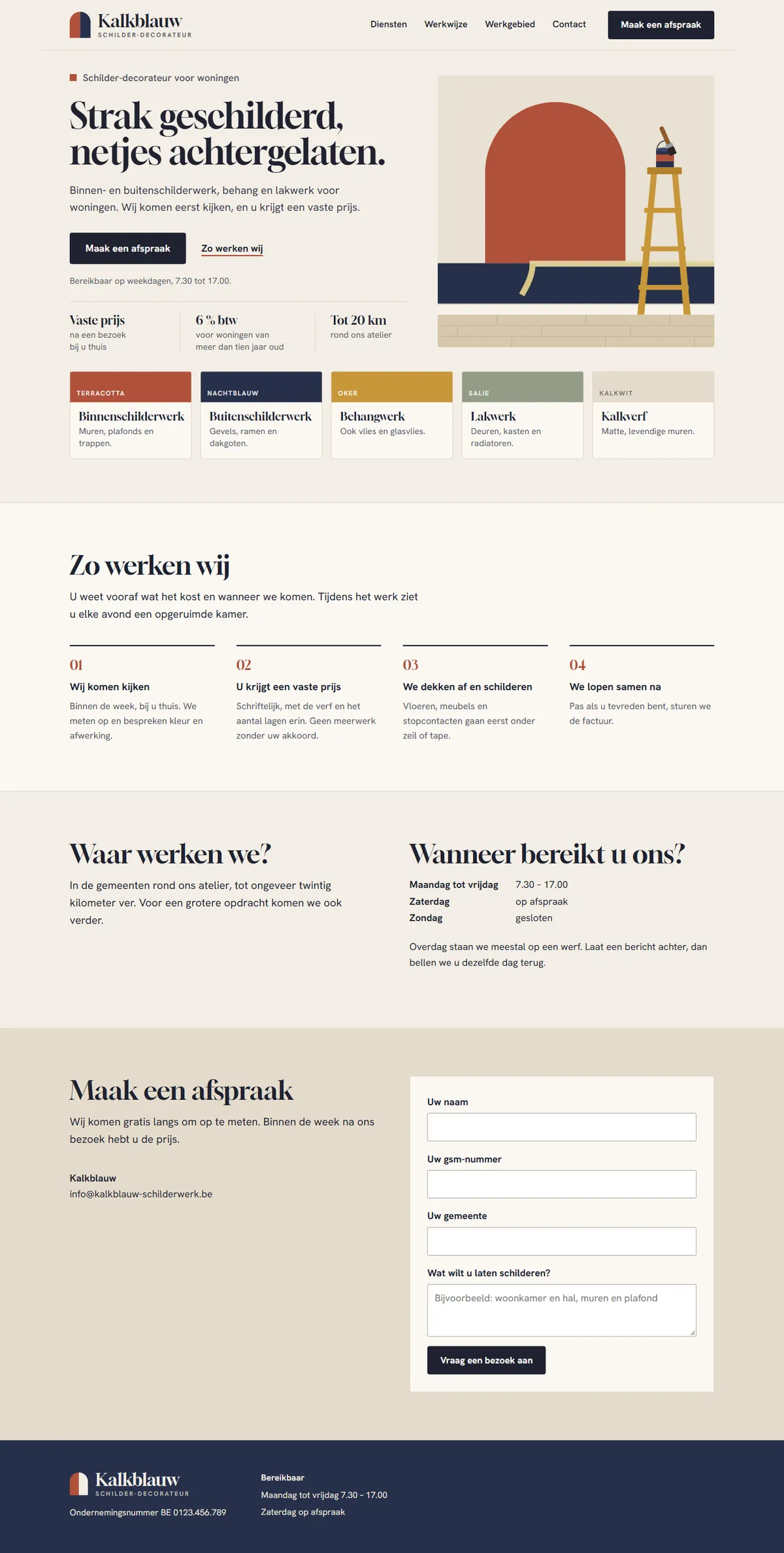 De homepagina in de website voor een schilder, de hele pagina op een groot scherm
