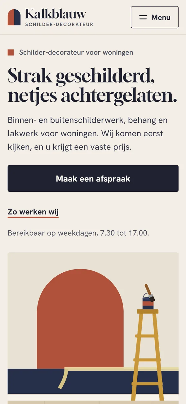 Een ontwerp op een gsm: een schilder, met een grote titel, een knop om een afspraak te maken en de uren waarop hij bereikbaar is.